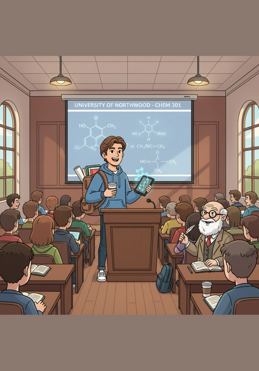 In the crowded lecture hall, Alex stands confidently before the professors to demonstrate the live website. The audience watches in awe as the Hostel Management System handles complex queries in real-time.