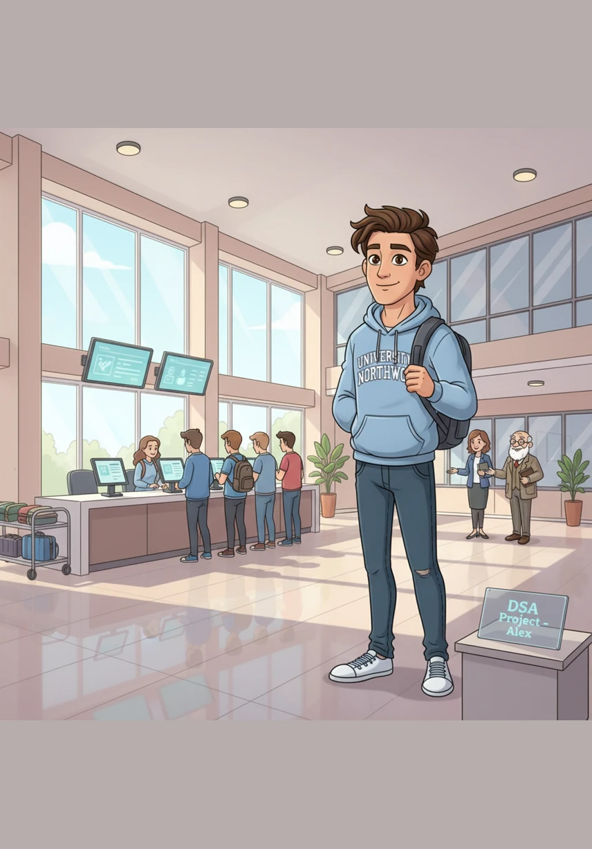 Having aced the DSA project, Alex looks out at the organized hostel lobby where students now check in with ease. The journey from messy papers to a digital masterpiece is finally complete, marking the start of a bright career.
