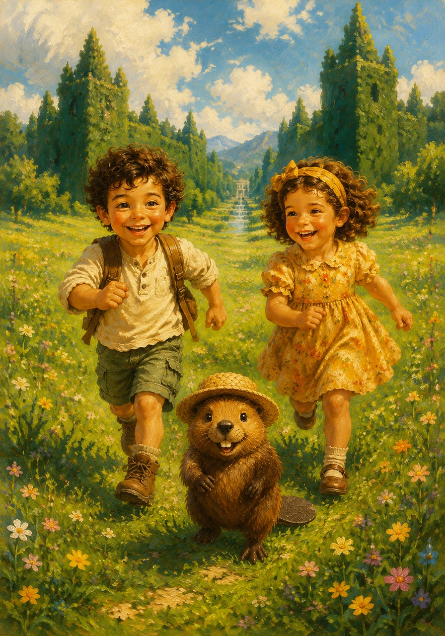 Il sole splende alto sopra i prati immensi di una Caserta magica, dove gli alberi sembrano castelli verdi e i fiori profumano di zucchero filato. I due bambini corrono felici sul tappeto d'erba soffice, ridendo a squarciagola mentre inseguono le ombre delle nuvole.