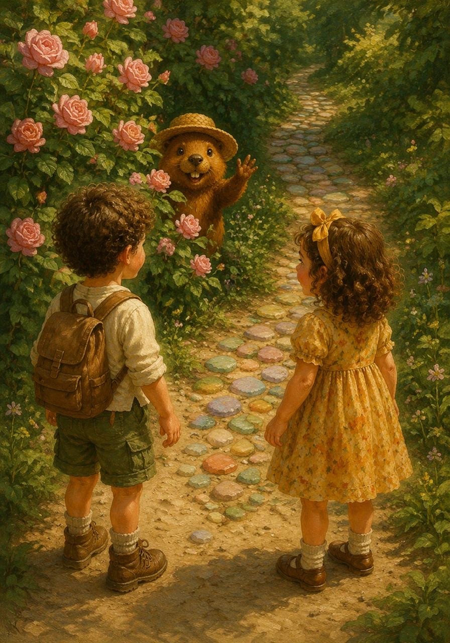 All'improvviso, da dietro un cespuglio di rose profumate, spunta un piccolo castorino con un simpatico cappellino di paglia. L'animaletto saluta i due fratellini con la zampina, invitandoli a seguirlo lungo un sentiero segreto fatto di sassolini colorati.