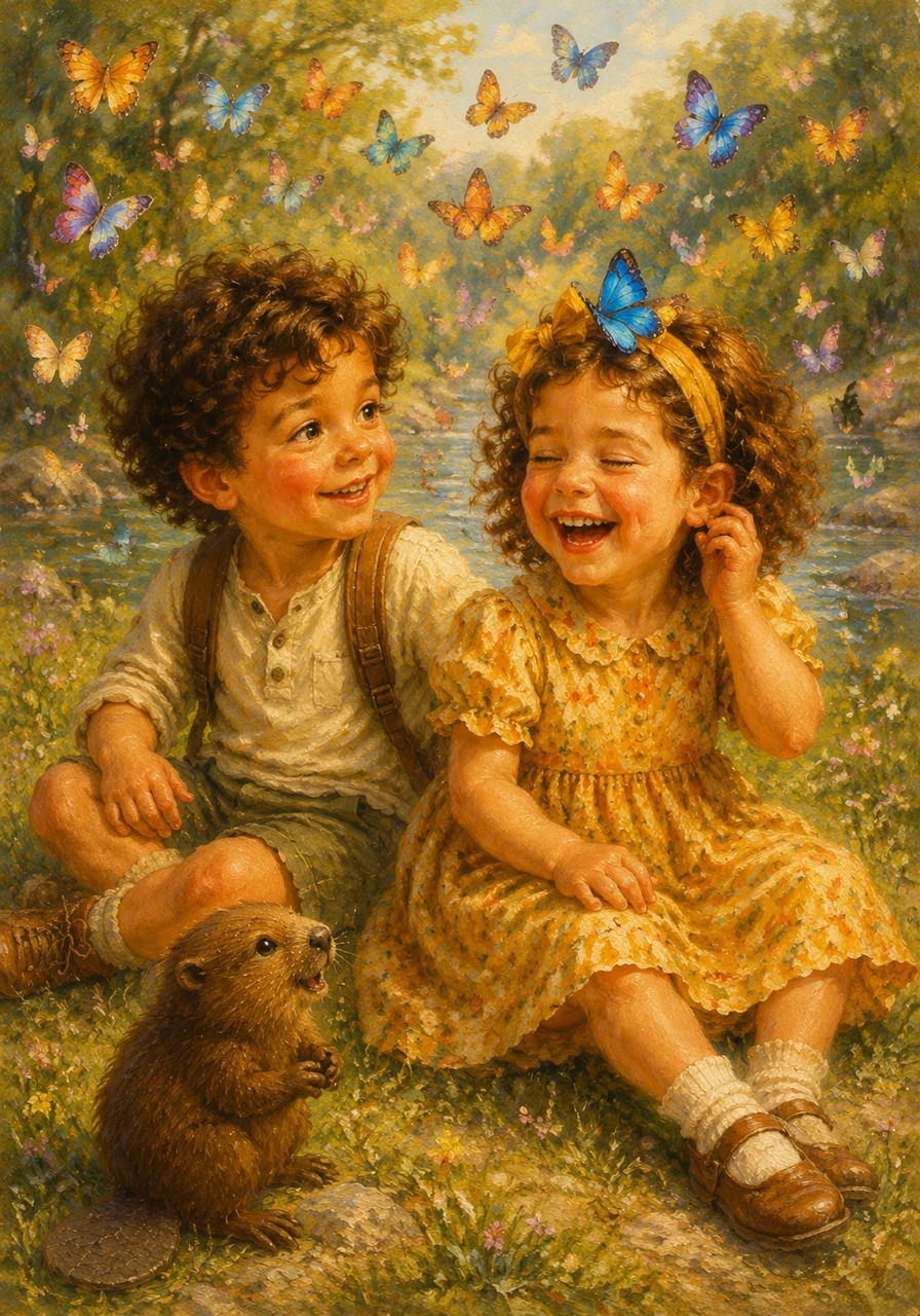 Mentre si riposano sulla riva, una nuvola di farfalle dai mille colori cangianti vola intorno ai riccioli di Alessandro e Beatrice. Una farfalla blu cobalto si posa delicatamente proprio sul cerchietto di Beatrice, facendola ridere per il solletico.
