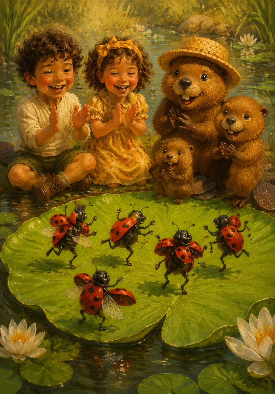 Poco più in là, sopra una grande foglia di ninfea, una simpatica famiglia di coccinelle sta facendo una gara di ballo. I due fratellini battono le mani a tempo di musica, mentre le coccinelle mostrano fiere i loro bellissimi puntini neri.
