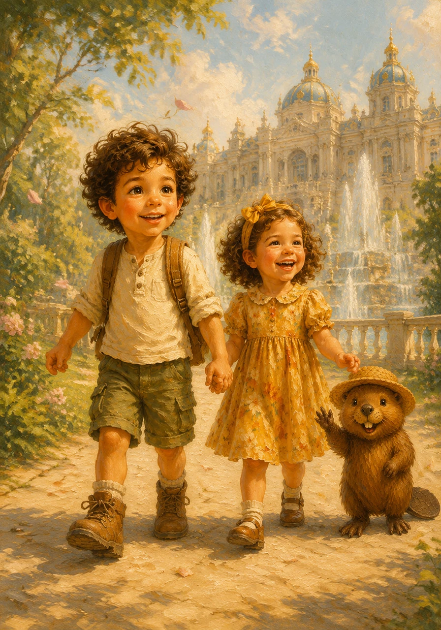 Il vento leggero inizia a soffiare e trasporta nell'aria una melodia dolcissima che sembra provenire dal grande palazzo sullo sfondo. Alessandro prende per mano la sorellina e, guidati dalla curiosità, i due si avviano verso le maestose fontane della Reggia.