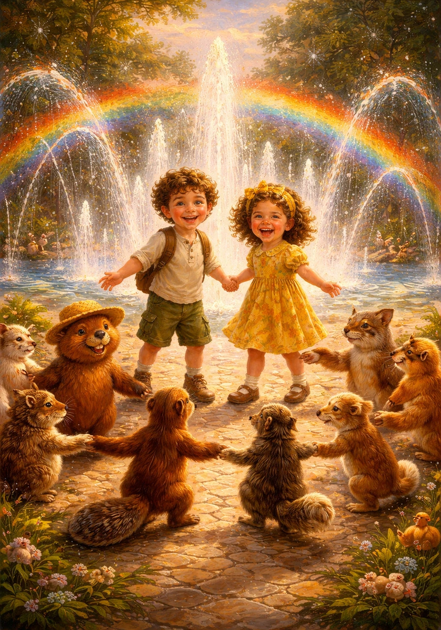 L'acqua delle fontane danza a ritmo di musica, creando incredibili arcobaleni che incantano i due bambini. Tutti gli animaletti del parco si radunano intorno a loro per un grande girotondo finale sotto le gocce scintillanti.