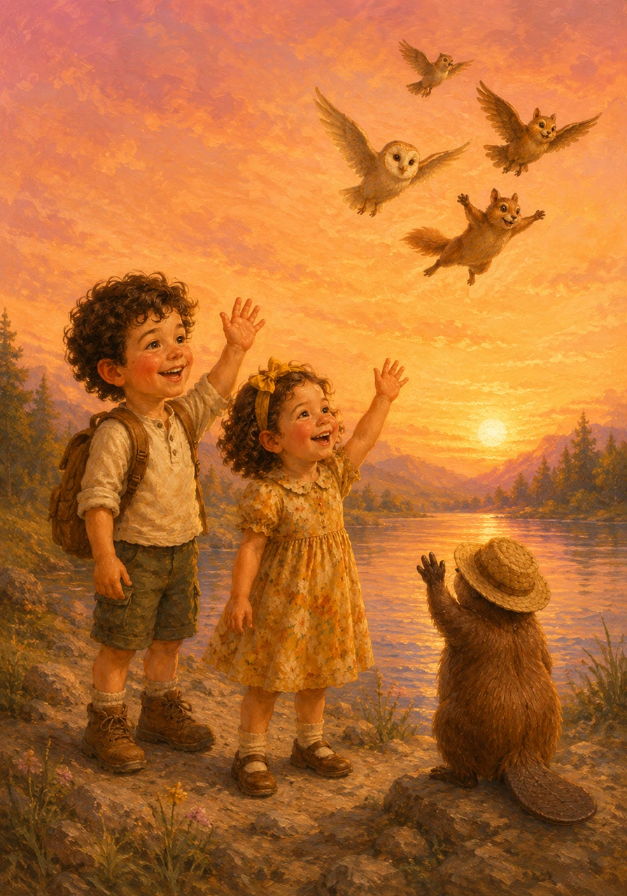 Il cielo inizia a tingersi dei colori caldi del tramonto, sfumando dal rosa all'arancione dorato. Stanchi ma immensamente felici, Alessandro e Beatrice salutano i loro nuovi amici pelosi e volanti, promettendo di tornare presto.