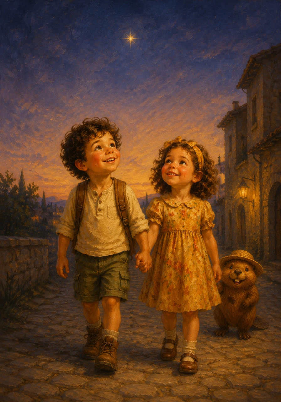 Sulla strada verso casa, i due fratellini camminano vicini stringendosi la mano sotto la prima stella della sera. Con i cuori pieni di meraviglia, sanno che finché saranno insieme, ogni giorno a Caserta sarà una favola meravigliosa.
