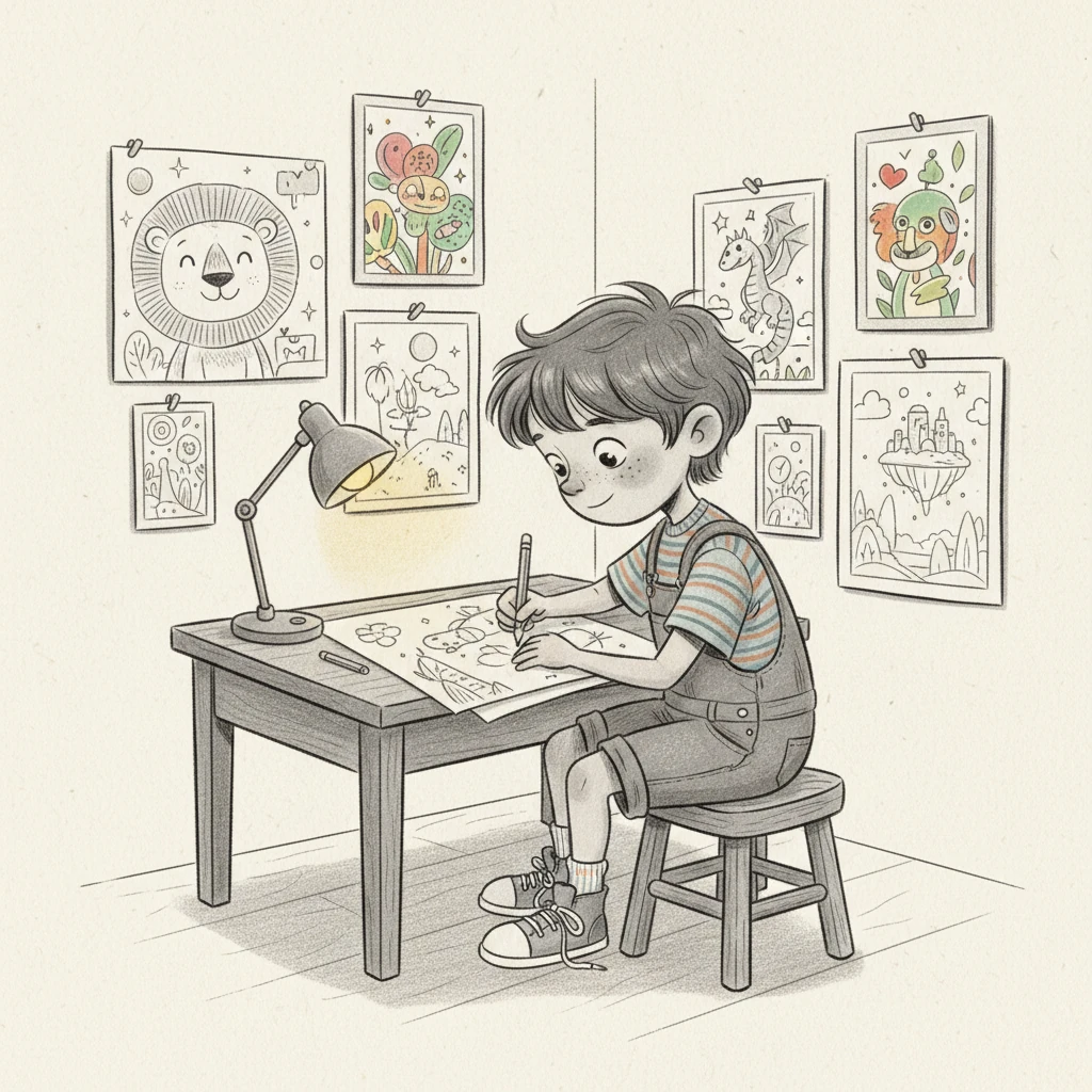 Leo, a small boy with bright, curious eyes, loved nothing more than to draw. He would spend hours at his little wooden desk, his imagination swirling onto paper with his trusty regular pencil. His room was a cozy haven filled with his colorful sketches of animals and faraway lands.