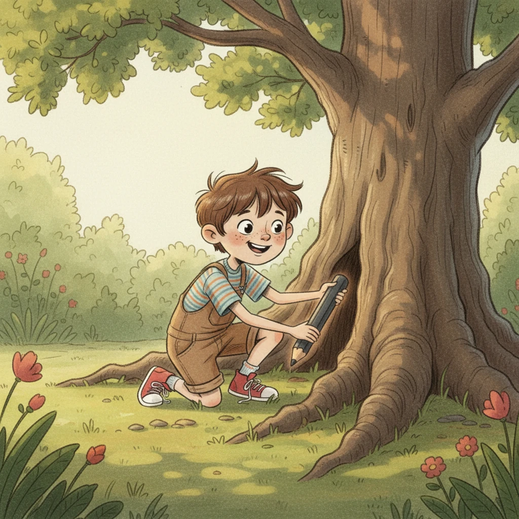 One sunny afternoon, while exploring the garden, Leo stumbled upon something special. Tucked beneath the gnarled roots of an ancient, wise oak tree, he found a peculiar, smooth charcoal pencil. It felt unusually warm and inviting in his small hand.