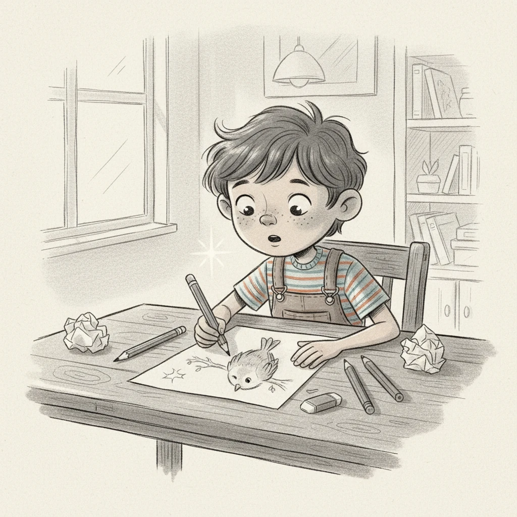 Excited, Leo brought his new treasure inside. He decided to draw a little bird perched on a branch on a fresh sheet of paper. As he finished the last delicate stroke of its tiny eye, the drawn bird seemed to twinkle softly, almost winking at him.