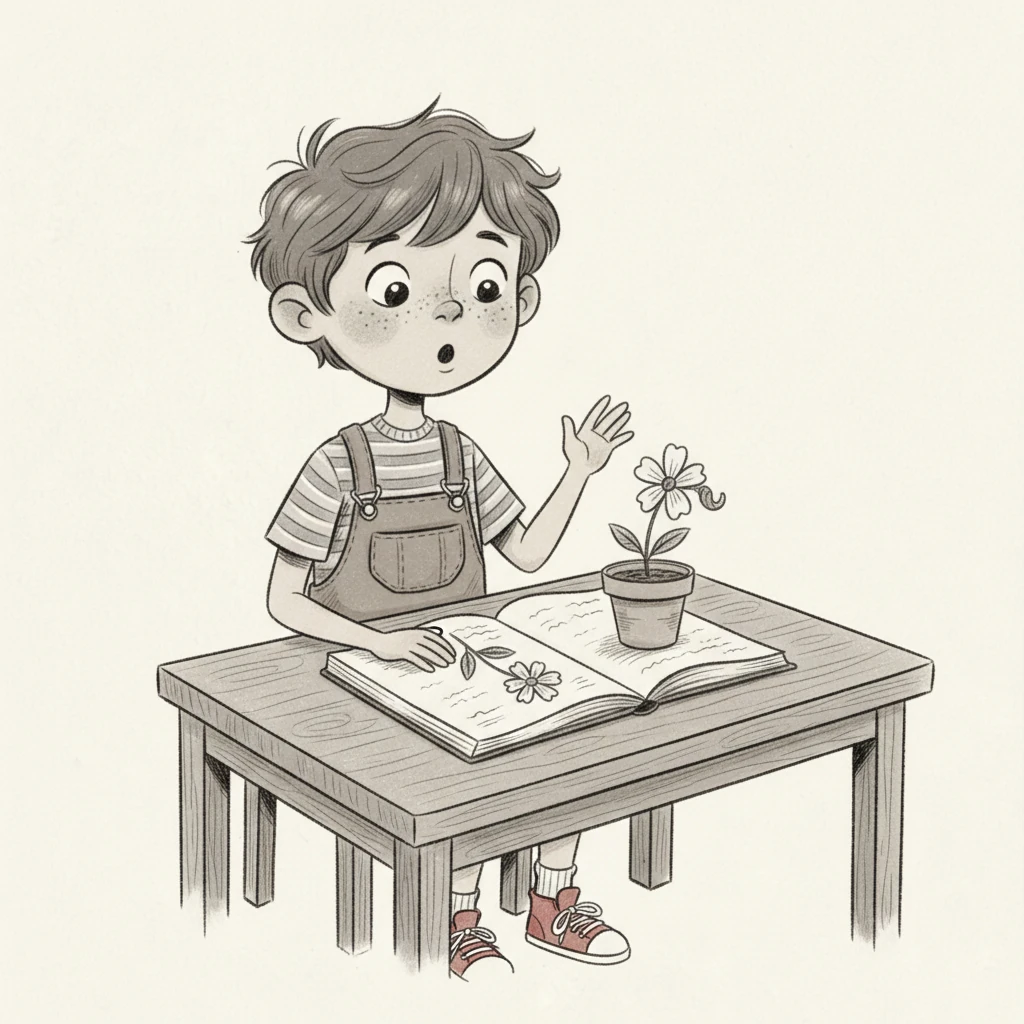 Encouraged, Leo then sketched a tiny flower in a pot, adding delicate petals and a slender leaf. To his amazement, one of the drawn flower's petals gently unfurled, ever so slightly. A quiet gasp escaped Leo's lips.