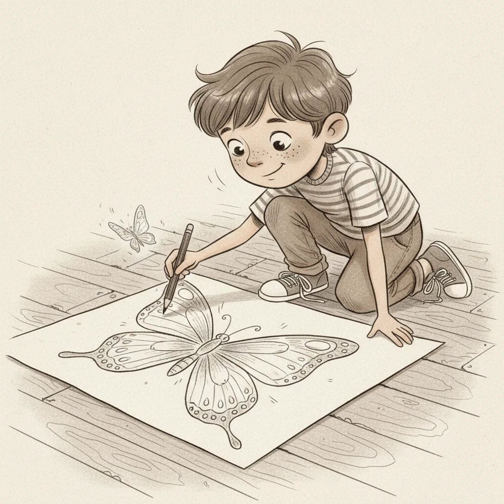 Next, he drew a playful butterfly with intricate patterns on its wings. As he lifted his hand from the paper, the drawn butterfly's wings fluttered almost imperceptibly. It seemed ready to take flight right off the page.