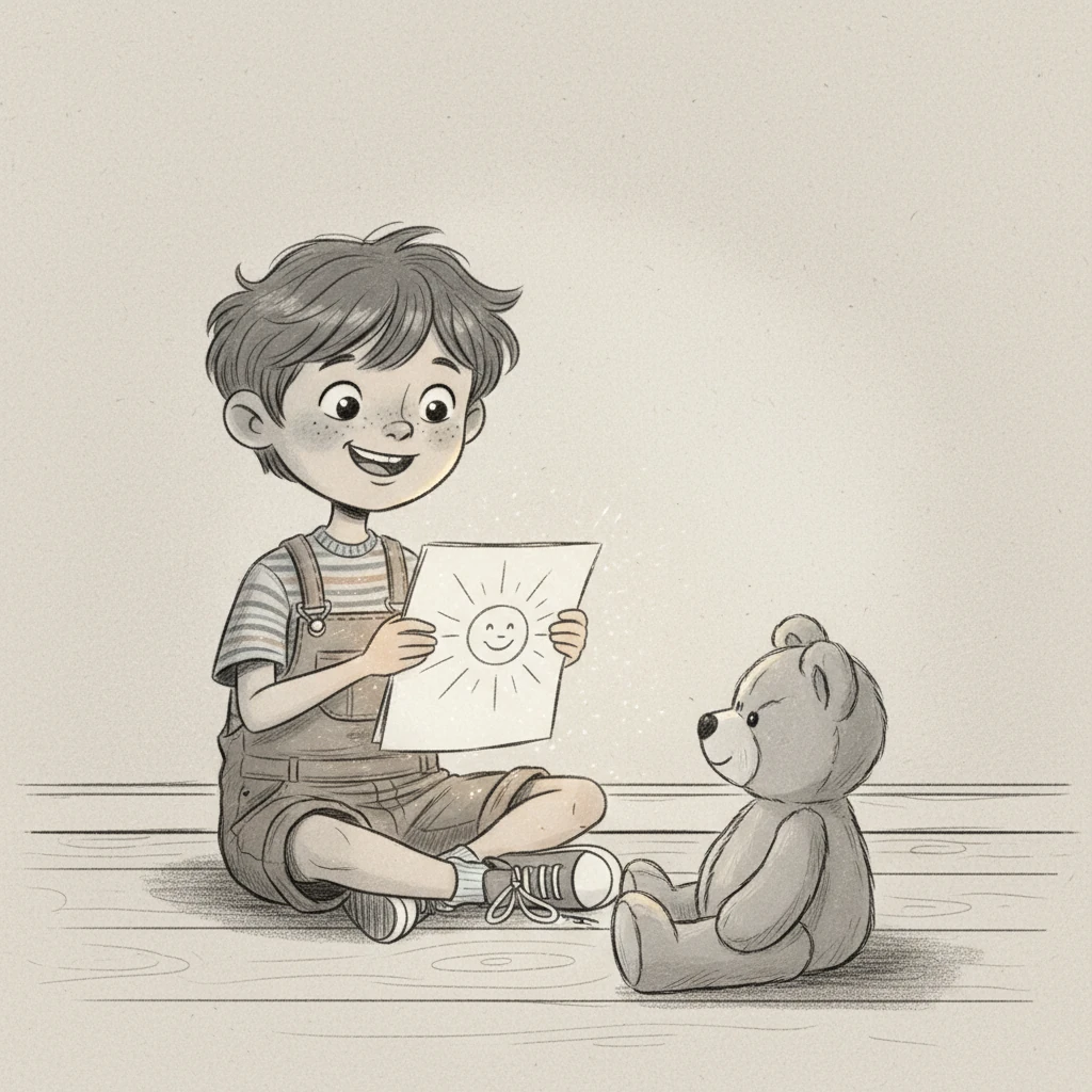 Leo, beaming with joy, showed his magical drawings to his favorite teddy bear, Mr. Snuggles. He drew a smiling sun, and the sun's rays seemed to glow softly on the paper, bringing a warm, gentle light to the scene.