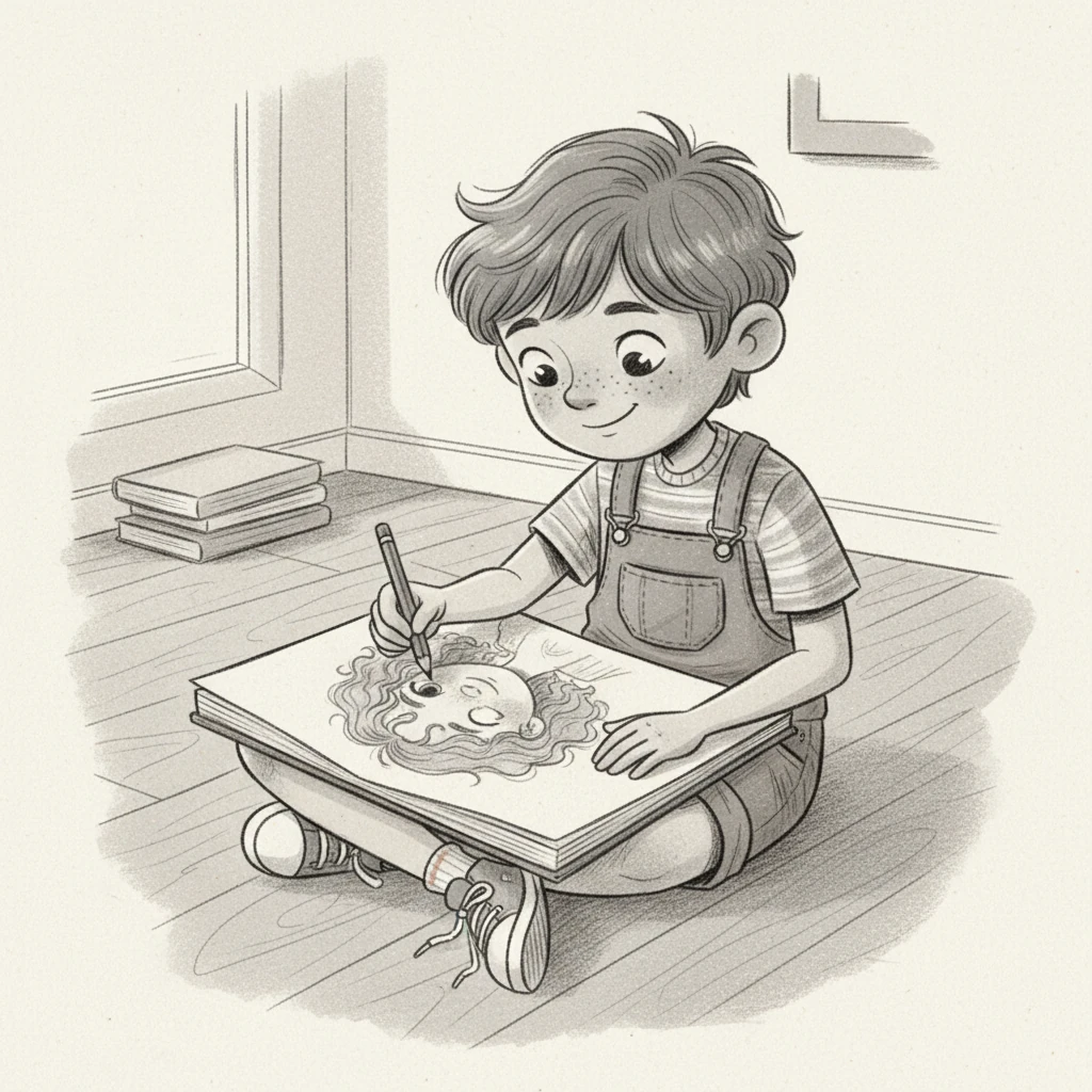 He then decided to draw his friend, Mia, focusing on her kind eyes and cheerful smile. After he completed her portrait, the drawn Mia winked playfully at him from the page, a secret shared between artist and art.