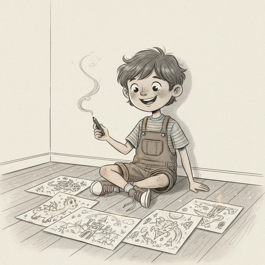 Leo sat back, looking at his collection of magical drawings with wide eyes. He understood that this special charcoal pencil helped him bring a tiny bit of his imagination to life. It made his art even more wonderful and alive.