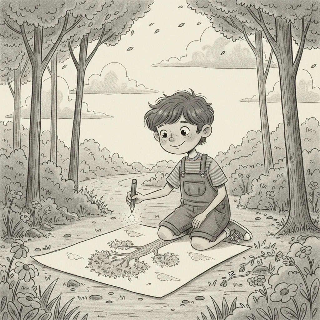 Inspired by his discovery, Leo went outside with his magical charcoal pencil. He drew the tall, whispering trees, the fluffy clouds drifting by, and the winding path through the garden. Each drawing captured a quiet beauty, making him appreciate the world around him more deeply.