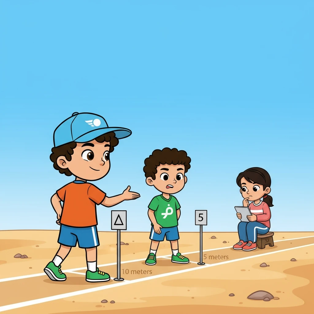 انطلق حمد وفريقه، وبدأت شيخة في تدوين الملاحظات. ركض حمد إلى علامة 10 أمتار، ثم عاد لمساعدة زميله عند علامة 5 أمتار. بدأت شيخة في حساب المسافة والإزاحة.