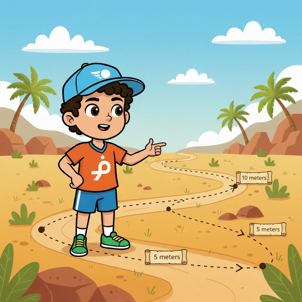 حسبت شيخة المسافة التي قطعها حمد: 10 أمتار ذهابًا، و 5 أمتار عودة، أي 15 مترًا. ثم حسبت الإزاحة، وهي أقصر مسافة بين نقطة البداية والنهاية، وكانت 5 أمتار.