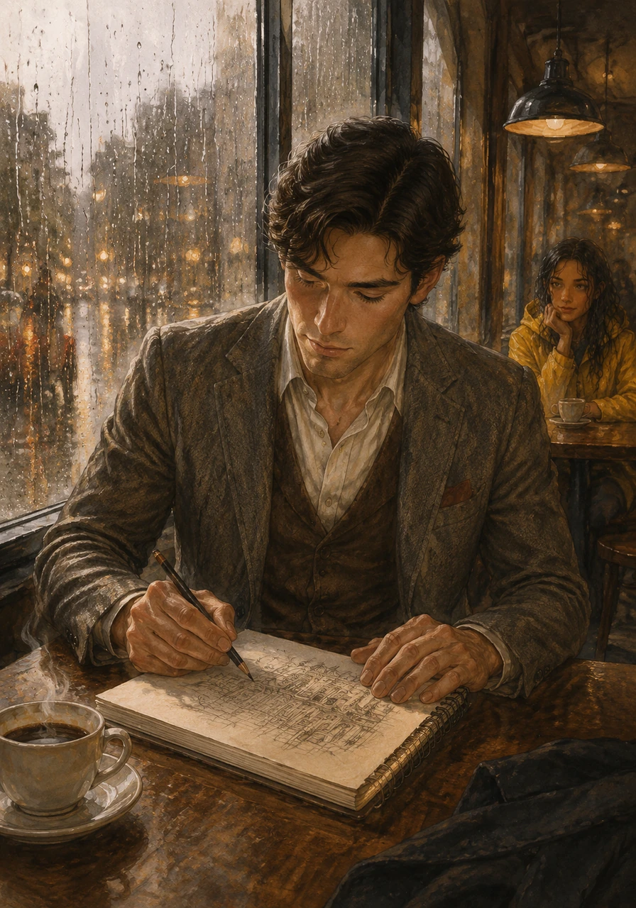 Elias sat by the window of the Velvet Bean, his pencil dancing across the sketchbook as rain streaked the glass. The city outside was a blur of grey and amber, but his mind was focused on the intricate lines of a dream yet to be built.