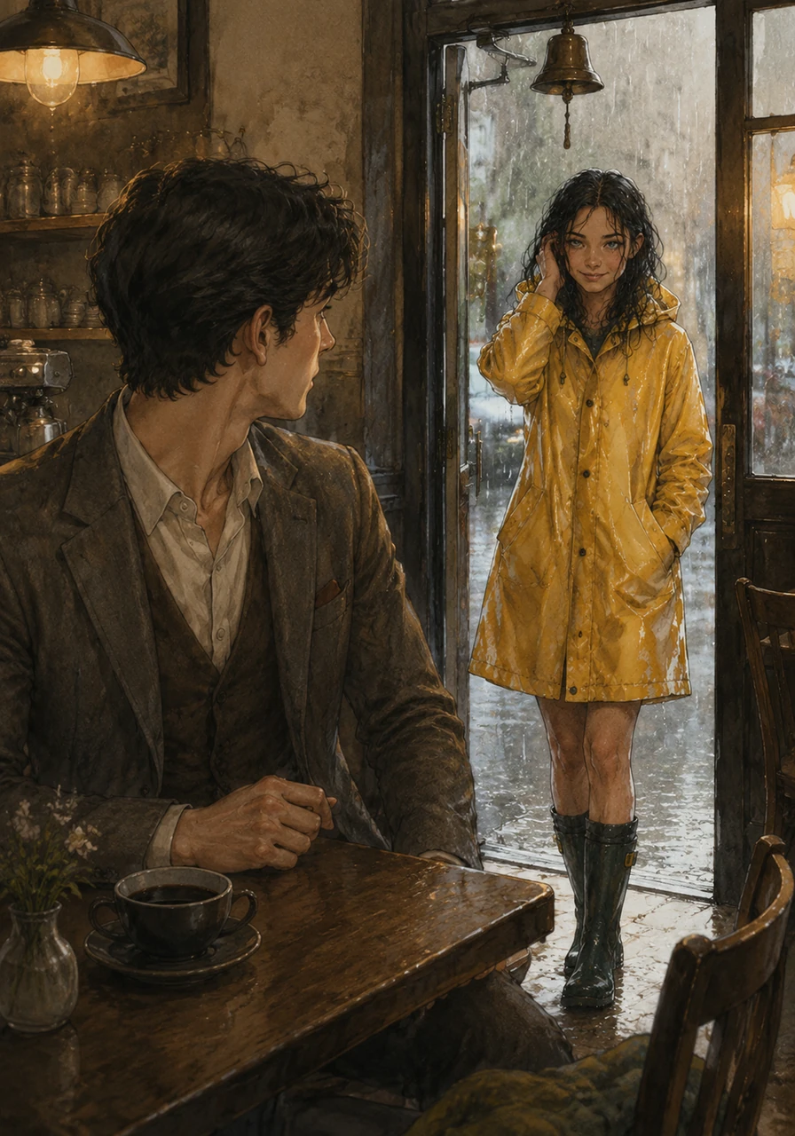 The bell chimed as Clara stepped inside, her yellow raincoat a sudden burst of lightning in the dim cafe. She caught Elias looking, and a small, knowing smile tugged at the corners of her mouth as she adjusted her damp hair.