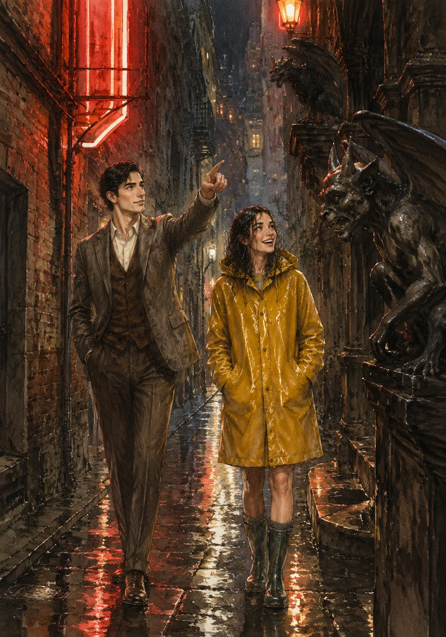 Under the glow of flickering neon signs, they wandered through the narrow alleys where the city whispered its secrets. Elias pointed out the gargoyles hiding in the shadows, while Clara laughed, her voice echoing against the brick walls.
