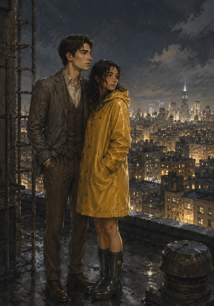 They climbed a rusted fire escape to a rooftop that overlooked the sprawling metropolis, a sea of electric stars beneath them. The cold wind bit at their cheeks, but the warmth of their proximity made the world feel small and intimate.