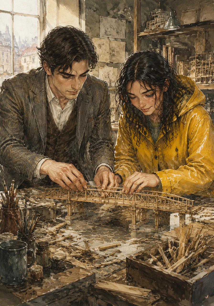 In his cluttered studio, they worked side by side, their hands occasionally brushing as they assembled a delicate wooden model of a bridge. It wasn't just a structure they were building; it was a connection that spanned the gaps between their different worlds.