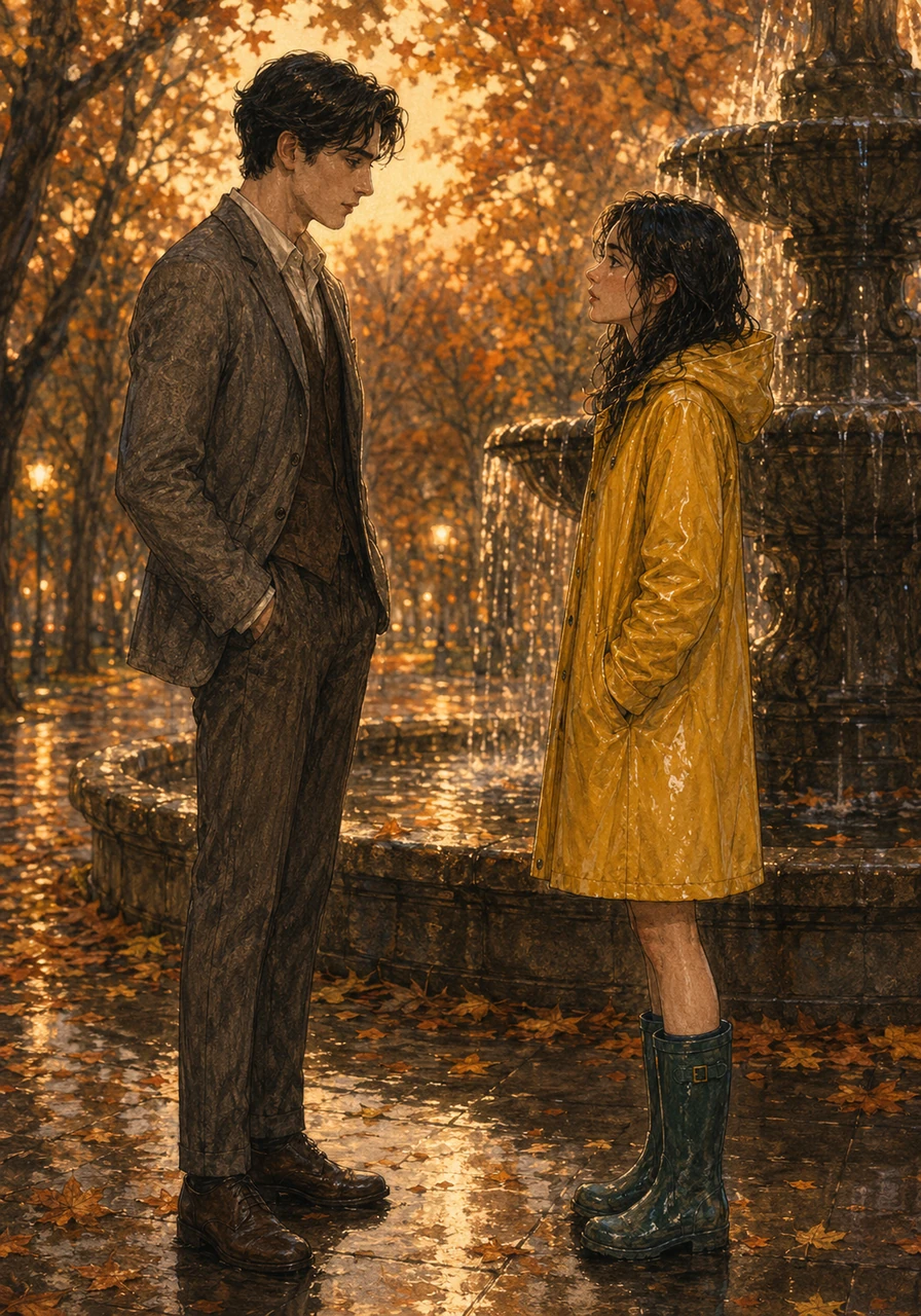 He found her waiting by the old fountain in the park, where the autumn leaves glowed like embers in the fading light. They stood in silence, the air thick with unspoken apologies and the realization that they didn't want to walk these streets alone.