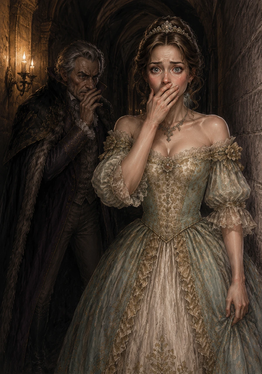 While wandering the quiet stone corridors of the castle later that evening, Avelina accidentally overheard the Earl Surrey whispering in the shadows, unveiling a treacherous plot to assassinate the king. Shocked and horrified, she gasped, her hand flying to her mouth as the betrayal echoed in the dimly lit hallway.