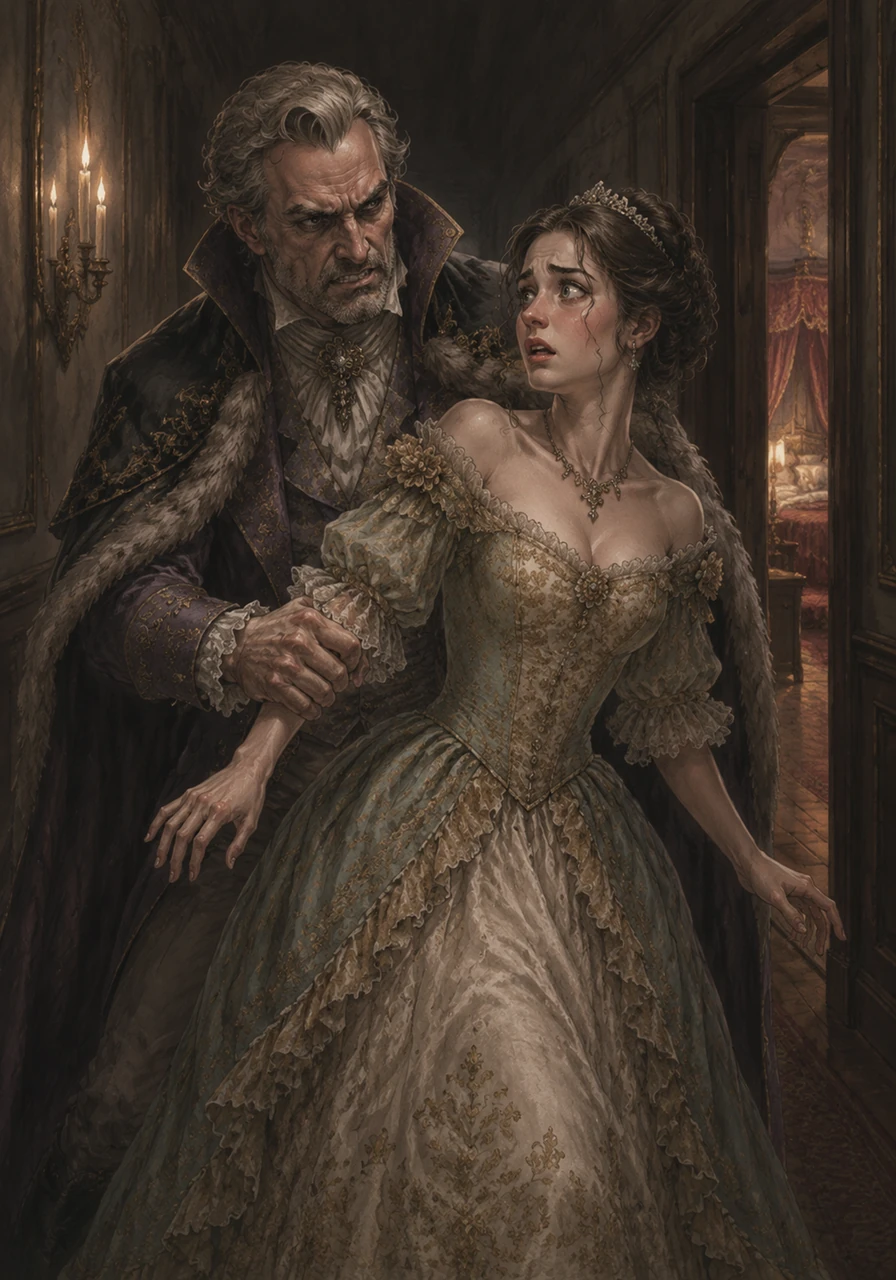 Before she could flee, the Earl lunged from the shadows and gripped her wrist tightly, his eyes flashing with malice. He fiercely threatened to end her life if she breathed a word of his treason to anyone, dragging her away to be locked inside her own bedchamber.