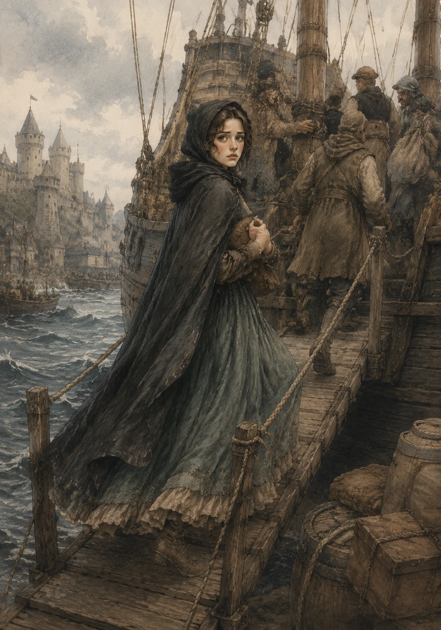 Once outside the castle walls, Avelina remembered a secret missive she had received from Sir Elliot just before her imprisonment, stating he was away in Dublin. With newfound determination burning in her chest, she disguised herself and boarded a wooden merchant ship bound for the shores of Ireland.