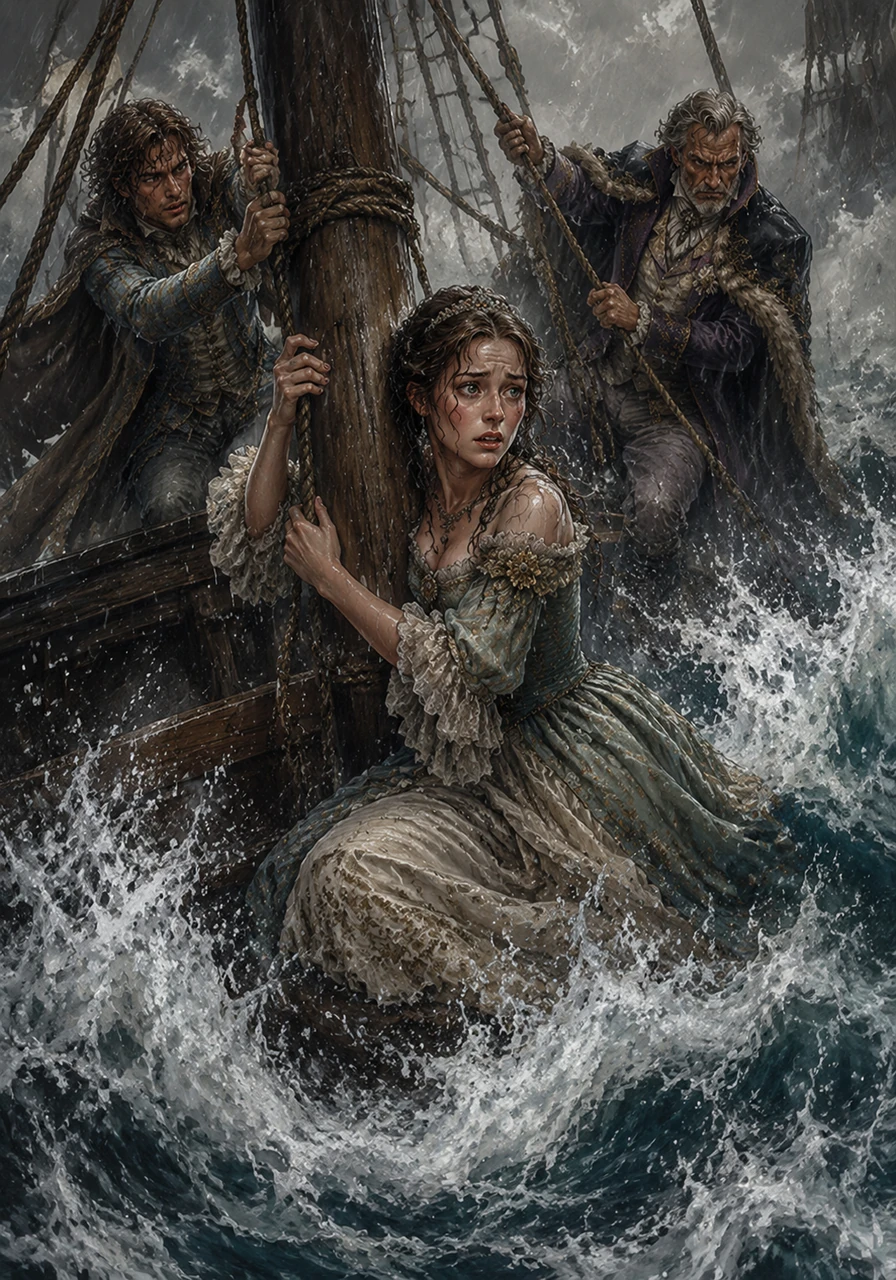 The journey across the Irish Sea turned perilous as a violent storm struck, tossing the ship violently among towering, icy waves. Avelina clung to the wooden mast for dear life, praying for survival as the roaring winds threatened to destroy the vessel completely.