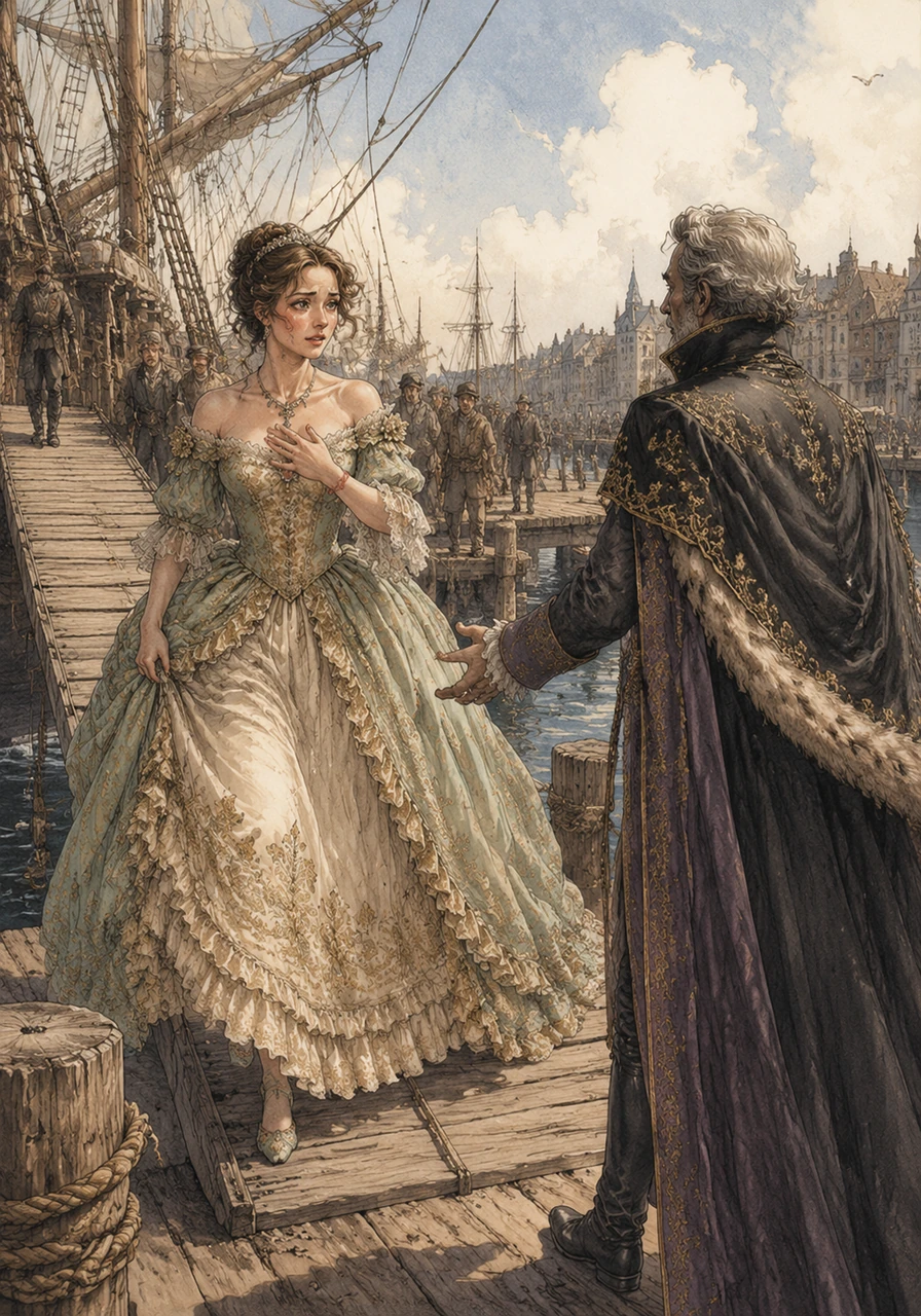 The storm eventually cleared, and the battered ship finally docked safely at the bustling harbor of Dublin, Ireland. As Avelina stepped off the gangplank, exhausted but relieved, she was amazed to see Sir Elliot standing on the pier, waiting anxiously for her arrival.