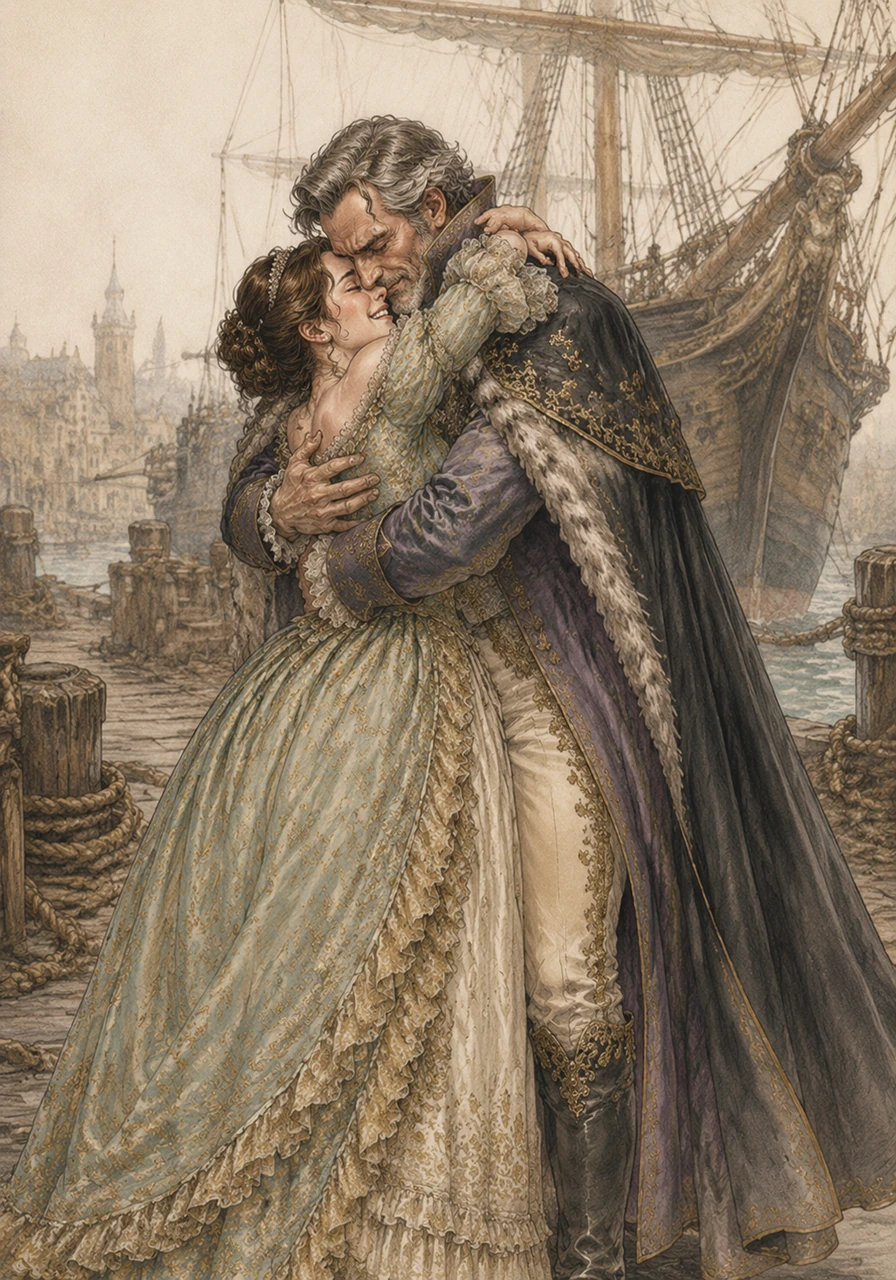 With a cry of joy, Avelina rushed into Sir Elliot's waiting arms, and they shared a passionate, breathless embrace on the docks. Bound together by love and shared resolve, they immediately began their journey back to England to expose the Earl's treason and right a great wrong.