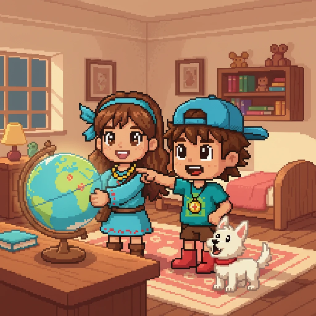 No quarto aconchegante de Lia e Leo, um globo terrestre brilhava. Lia, com seus olhos curiosos, girava o globo enquanto Leo, com seu boné virado, apontava para um lugar distante. Pipoca, o cãozinho mais animado do mundo, latia de excitação, pronto para a primeira parada da grande aventura.