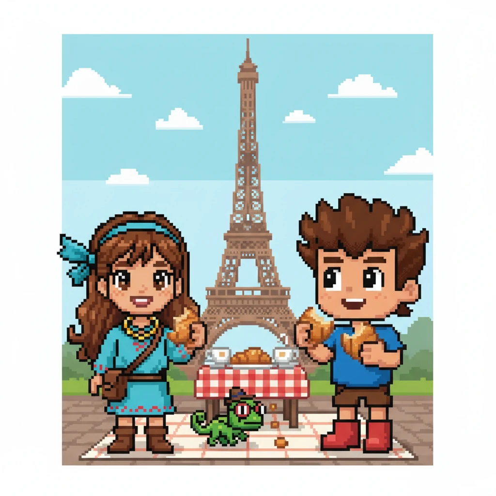 Aterrissaram em Paris, onde a Torre Eiffel se erguia majestosa no céu pixelado. Lia e Leo experimentaram croissants fresquinhos, enquanto Pipoca tentava pegar uma migalha que caía. Que vista incrível! Qual monumento famoso você gostaria de visitar primeiro?