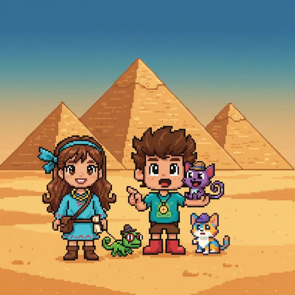 Em seguida, voaram para o Egito, onde as imponentes pirâmides se destacavam contra o deserto dourado. Os amigos aprenderam sobre os faraós e a história antiga, sentindo-se pequenos diante de tanta grandeza. Você consegue encontrar as pirâmides no mapa?