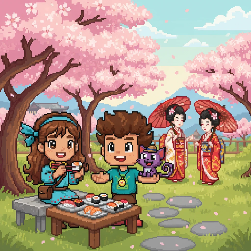 No Japão, um jardim de cerejeiras em flor recebia os viajantes com suas cores suaves. Lia e Leo se divertiram experimentando sushi e observando gueixas em quimonos tradicionais. Que prato japonês você gostaria de experimentar?