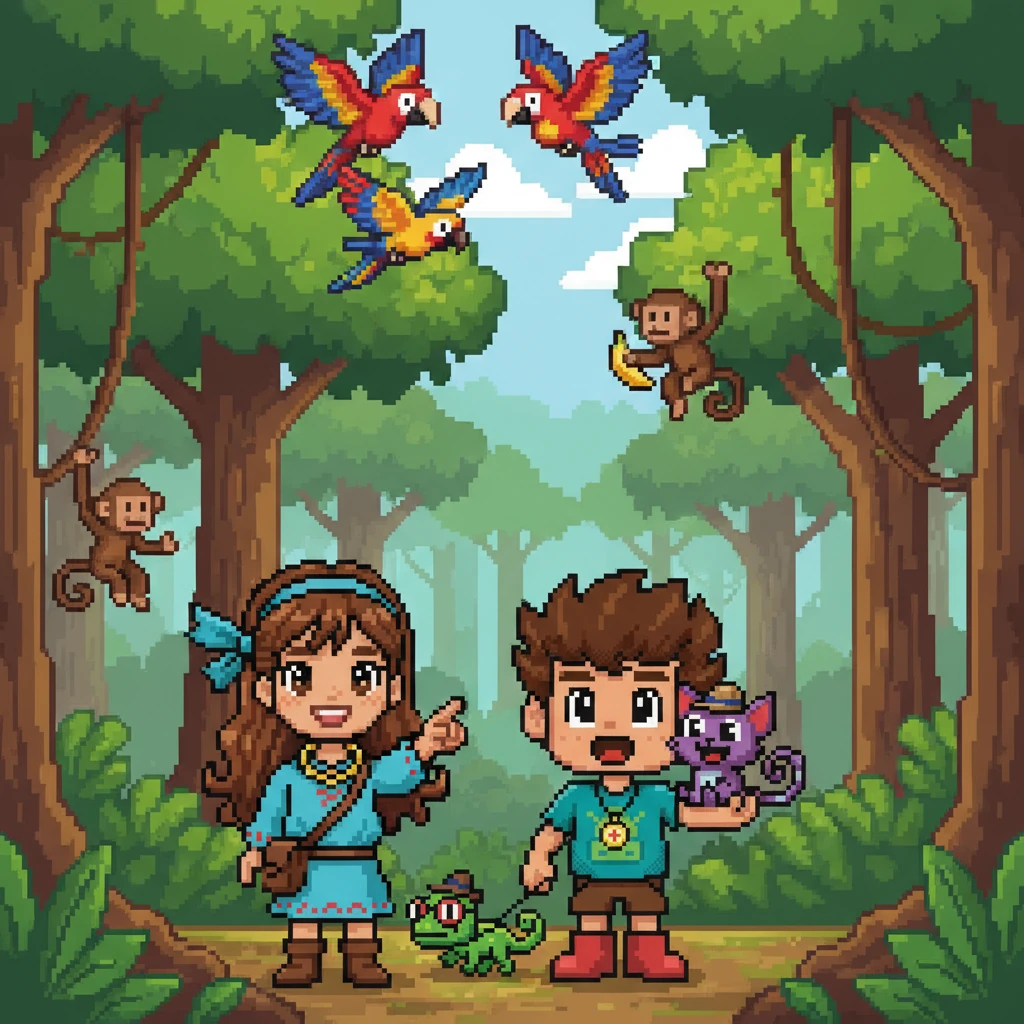 A próxima parada foi a vibrante floresta amazônica no Brasil, cheia de árvores gigantes e animais exóticos. Eles viram macacos balançando em cipós e araras coloridas voando, sentindo a energia da natureza. Que animal da floresta amazônica você gostaria de ver de perto?