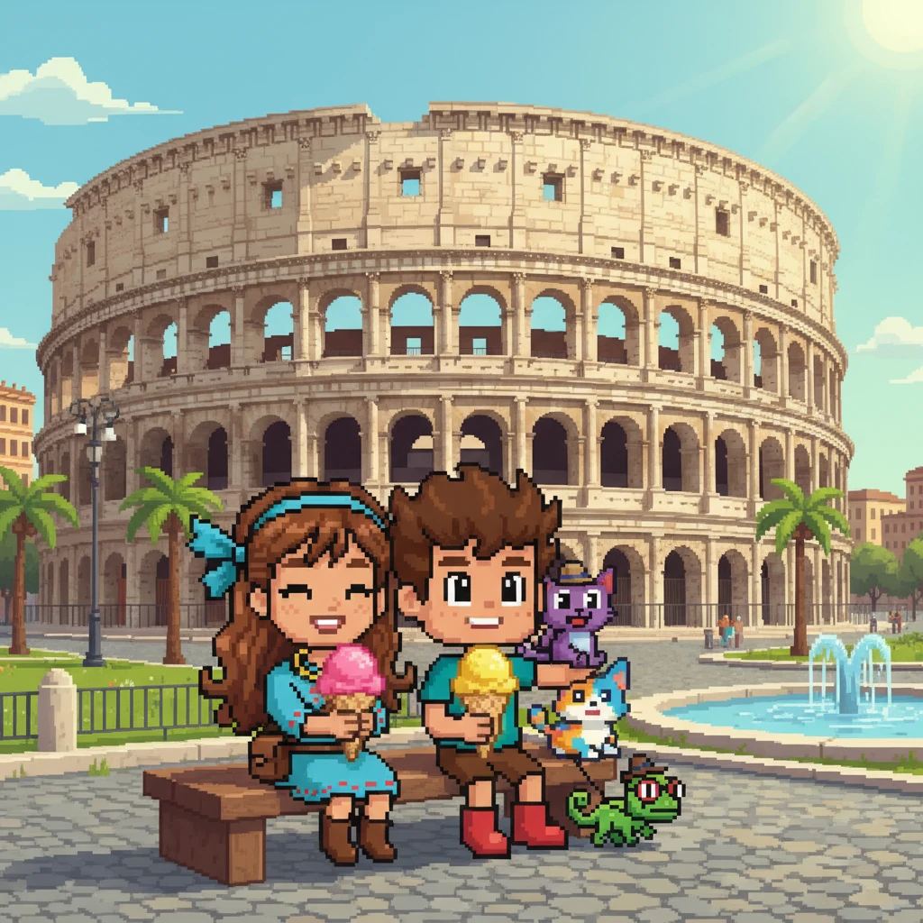 Na Itália, a aventura levou-os ao antigo Coliseu, onde gladiadores lutavam há muito tempo. Depois de explorar a história, Lia, Leo e Pipoca saborearam um delicioso gelato sob o sol. Qual sabor de sorvete você escolheria?