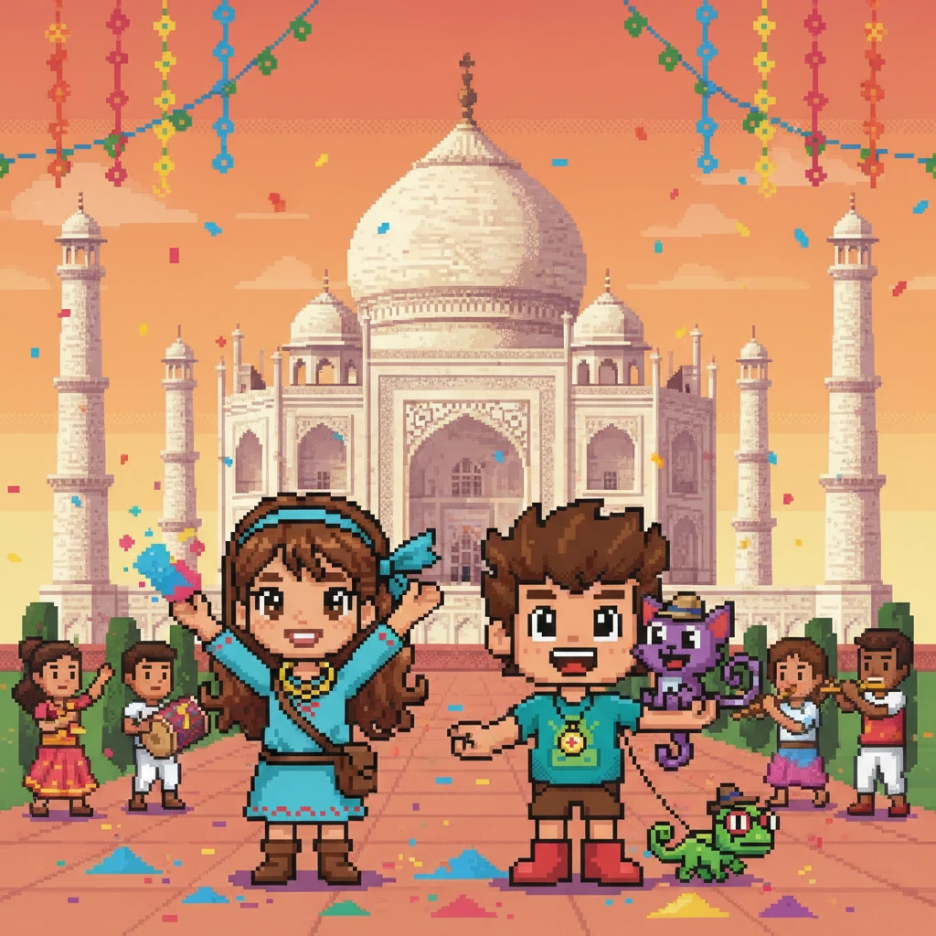 A Índia os recebeu com o magnífico Taj Mahal e suas cores vibrantes. Eles aprenderam sobre festivais cheios de música e dança, e o cheiro de especiarias enchia o ar. Qual cor vibrante você adicionaria ao seu próprio festival?