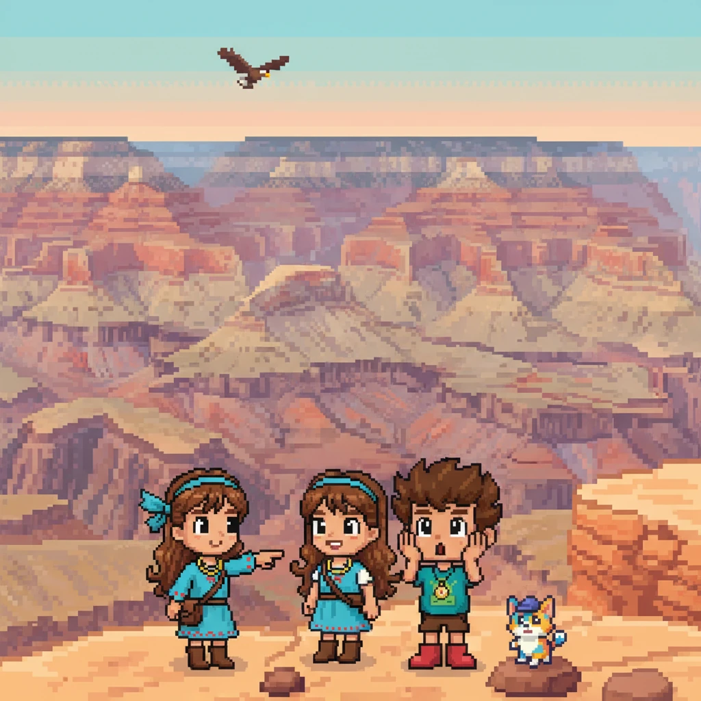 Nos Estados Unidos, o Grand Canyon revelou paisagens de tirar o fôlego, com camadas de rochas que contavam milhões de anos de história. Os amigos ficaram maravilhados com a imensidão da natureza. Imagine que você está no Grand Canyon. O que você faria primeiro?