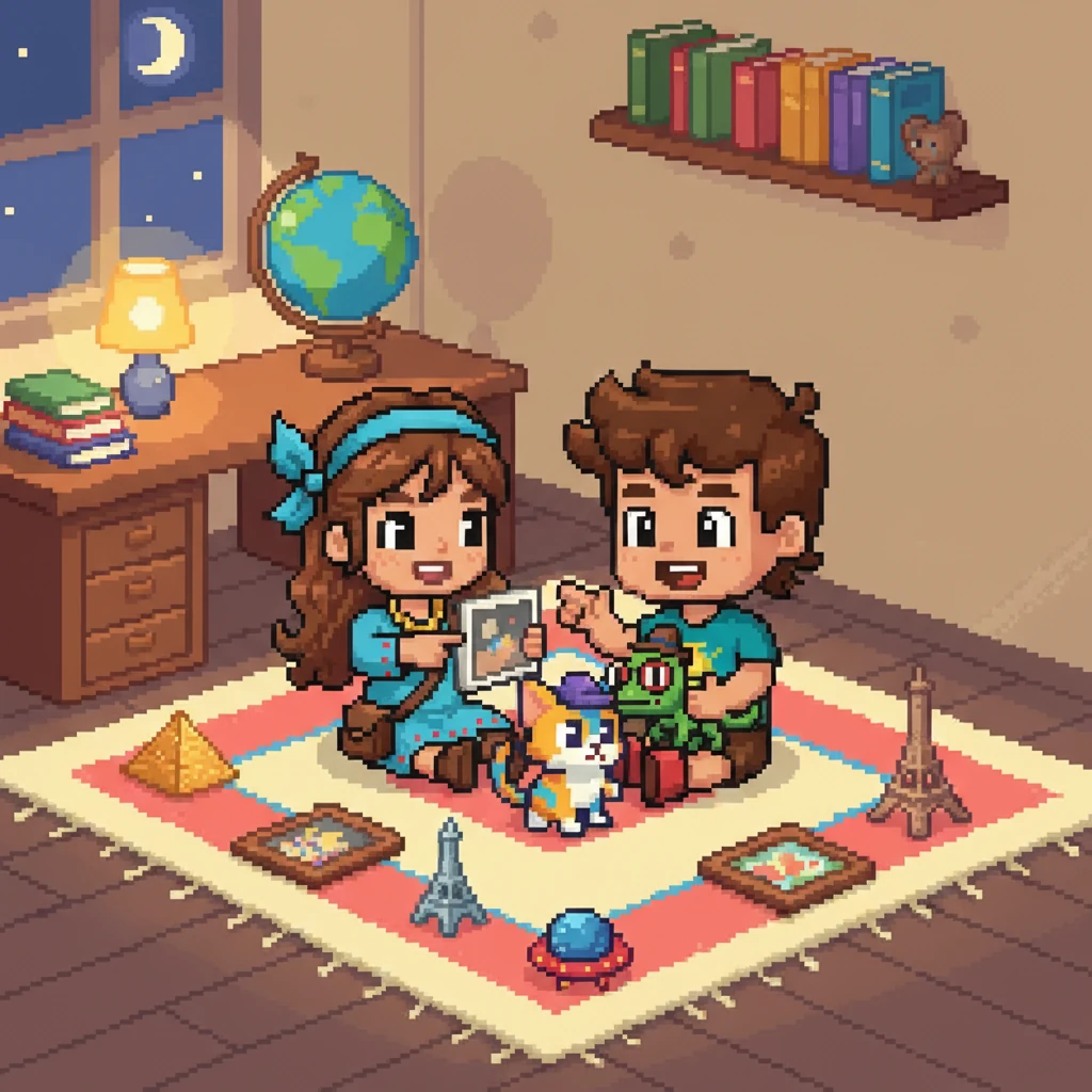 De volta ao quarto, Lia, Leo e Pipoca revisitaram suas fotos e lembranças, rindo das aventuras vividas. O globo terrestre ainda estava lá, convidando-os para novas descobertas. De todos os lugares que visitamos, qual foi o seu favorito e por quê?