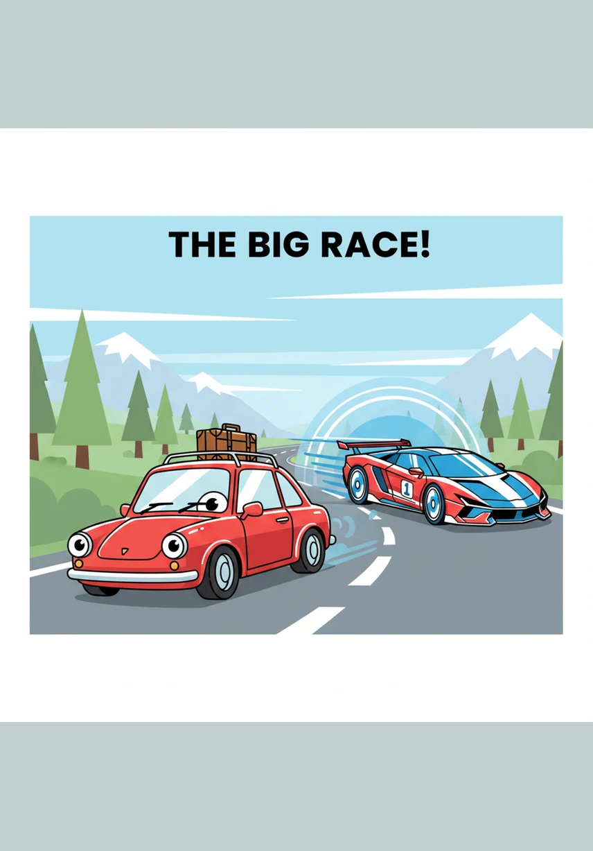 Pip lives in a dusty, cozy garage, dreaming of the open road while watching shiny race cars zoom across the television screen. He is a small, bright red car with round headlights that look like curious eyes and a polished silver bumper that shines in the morning sun.