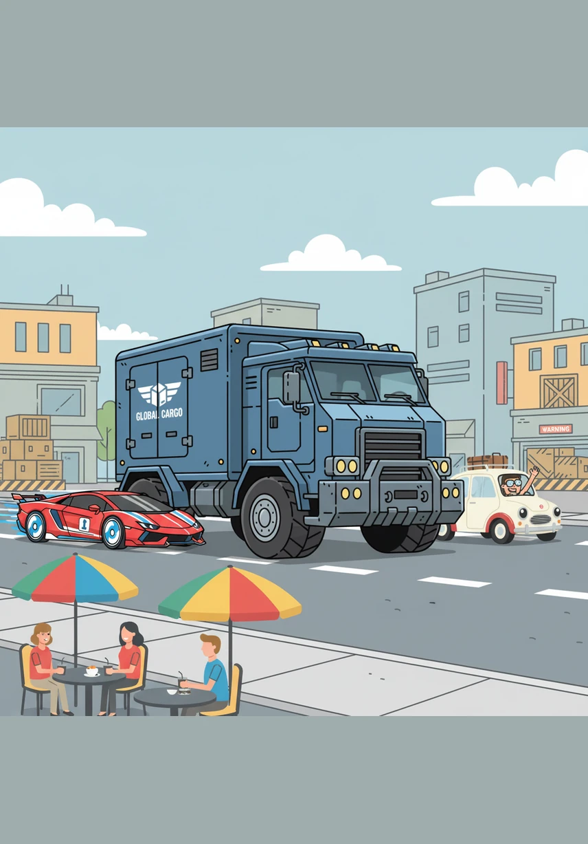 One sunny morning, Pip decides to leave the garage and explore the bustling city for the first time. The tall skyscrapers sparkle like glass mountains, and the busy traffic makes him feel tiny but incredibly excited as he rolls down the sidewalk.