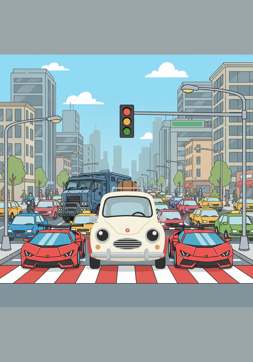 At a busy intersection, Pip encounters a group of sleek, fast sports cars who laugh at his small wheels and vintage frame. Pip feels a bit sad and out of place, but he keeps his engine humming with quiet determination and continues his journey.