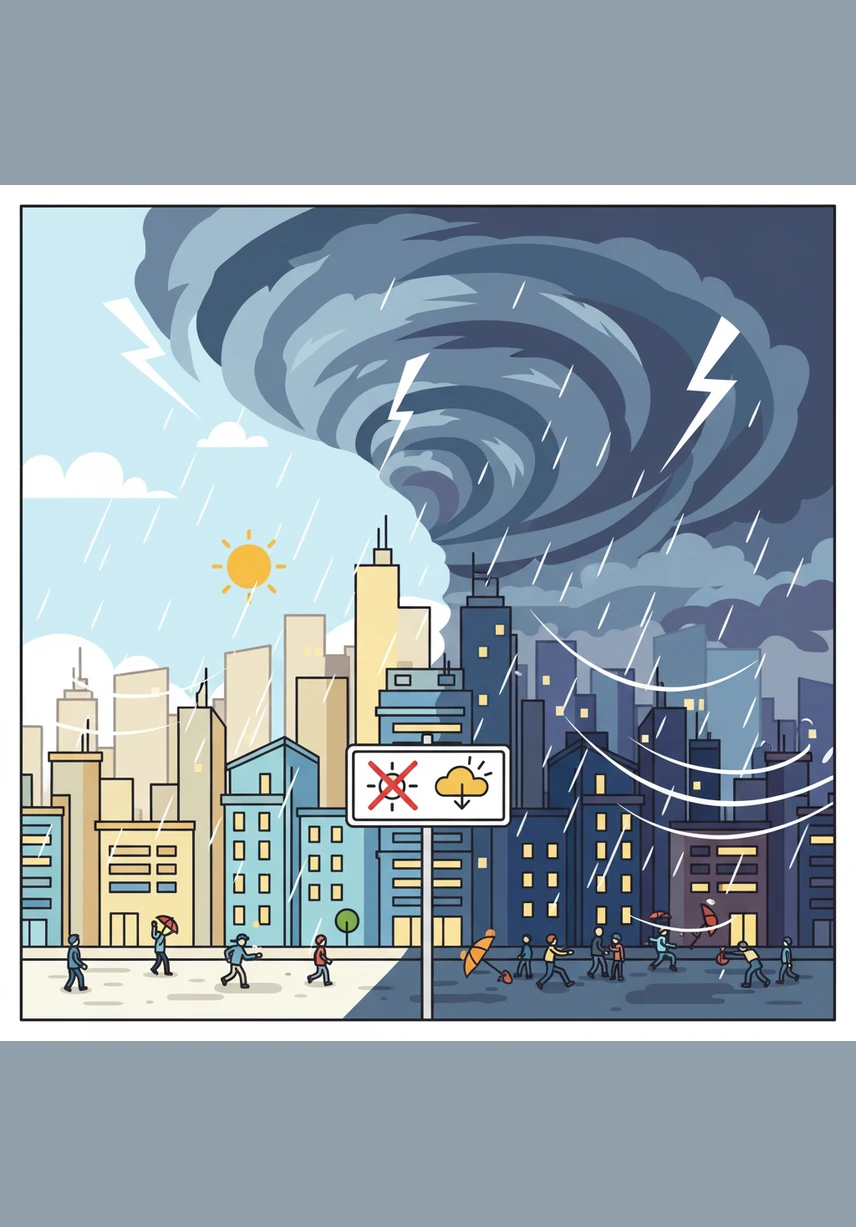 Suddenly, the bright blue sky turns a heavy shade of gray and a torrential rain begins to fall, turning the city streets into slippery, flooded paths. The fast sports cars begin to skid and slide, their thin tires struggling to find a grip on the wet pavement.