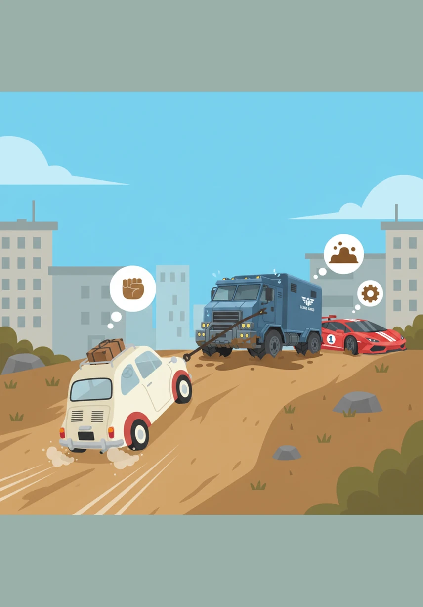 Using all the strength in his little engine, Pip hooks a sturdy tow rope to the heavy truck and pulls with a mighty, rhythmic vroom. Slowly but surely, the wheels of the truck begin to turn, and it moves out of the thick, brown mud.