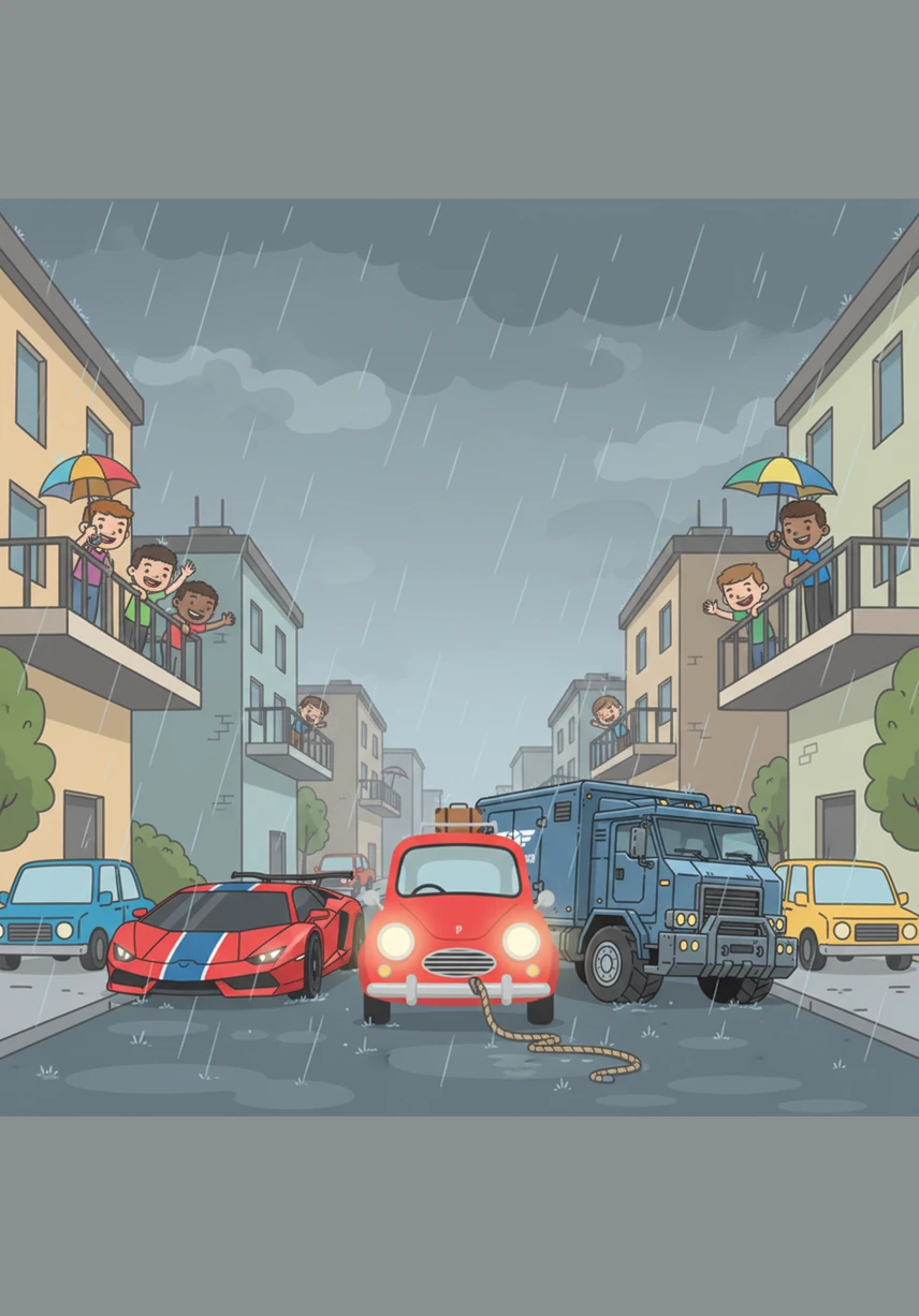 The neighborhood children cheer from their balconies as Pip continues to navigate the storm, helping other stranded vehicles and clearing the way. His bright red paint shines even under the gloomy clouds, making him look like a beacon of hope.