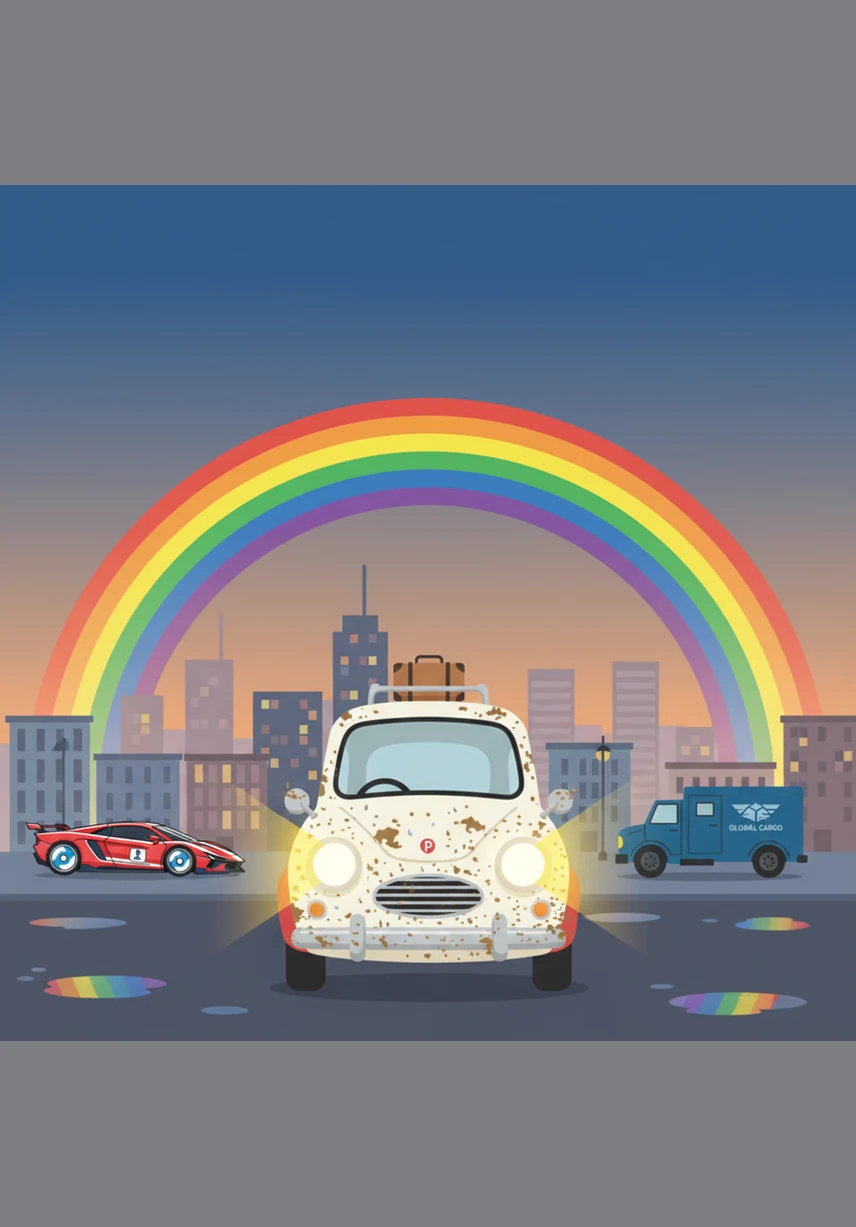 By the time evening arrives, the rain stops and a beautiful, vibrant rainbow stretches across the entire city skyline. Pip is covered in splashes of mud and raindrops, but his headlights are glowing brighter than ever with pride and happiness.